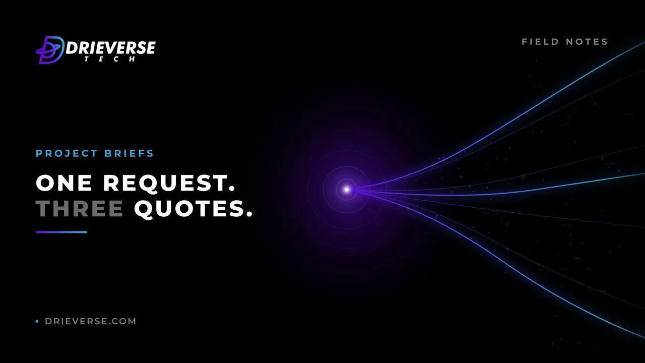 Dark field-notes cover reading "One request. Three quotes." with the DrieVerse Tech logo, for a post about writing software project briefs vendors can use.