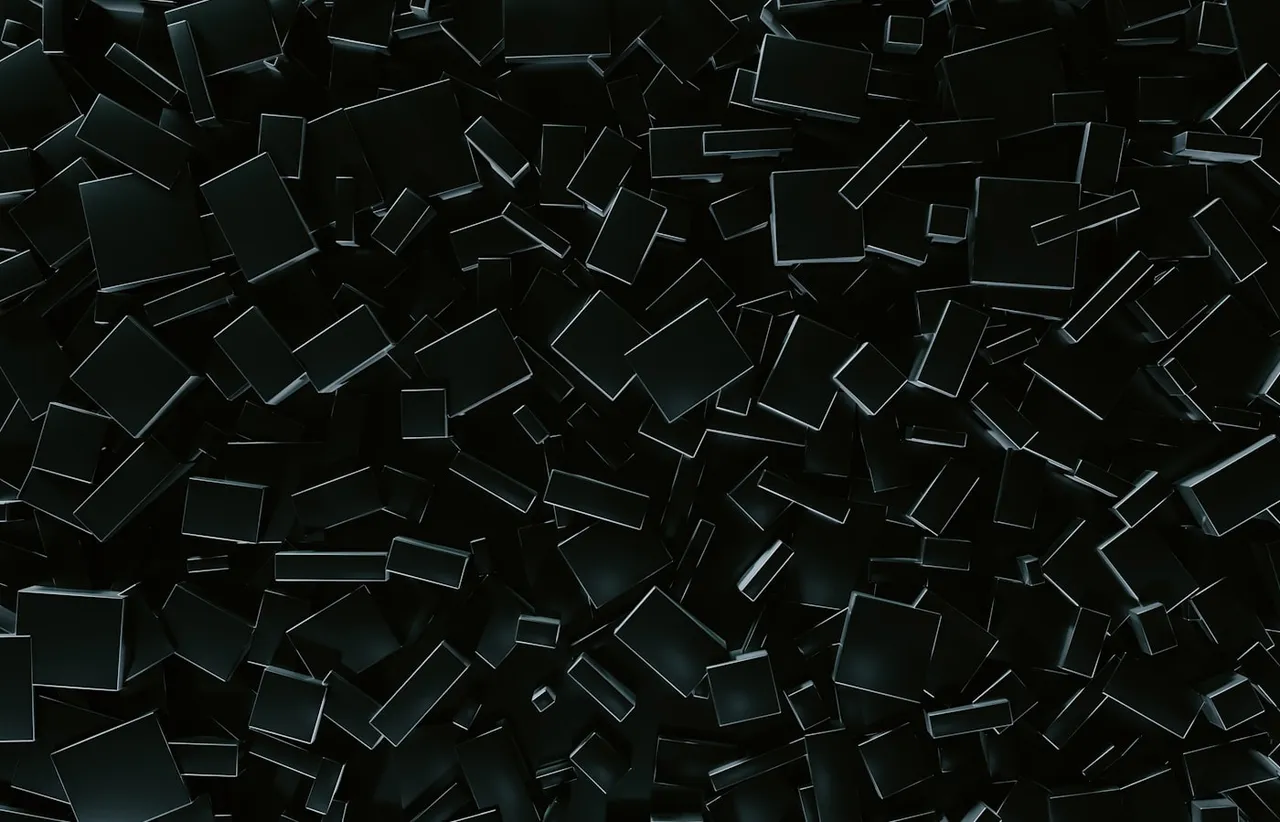 Dark abstract arrangement of black cubes packed together in an irregular grid
