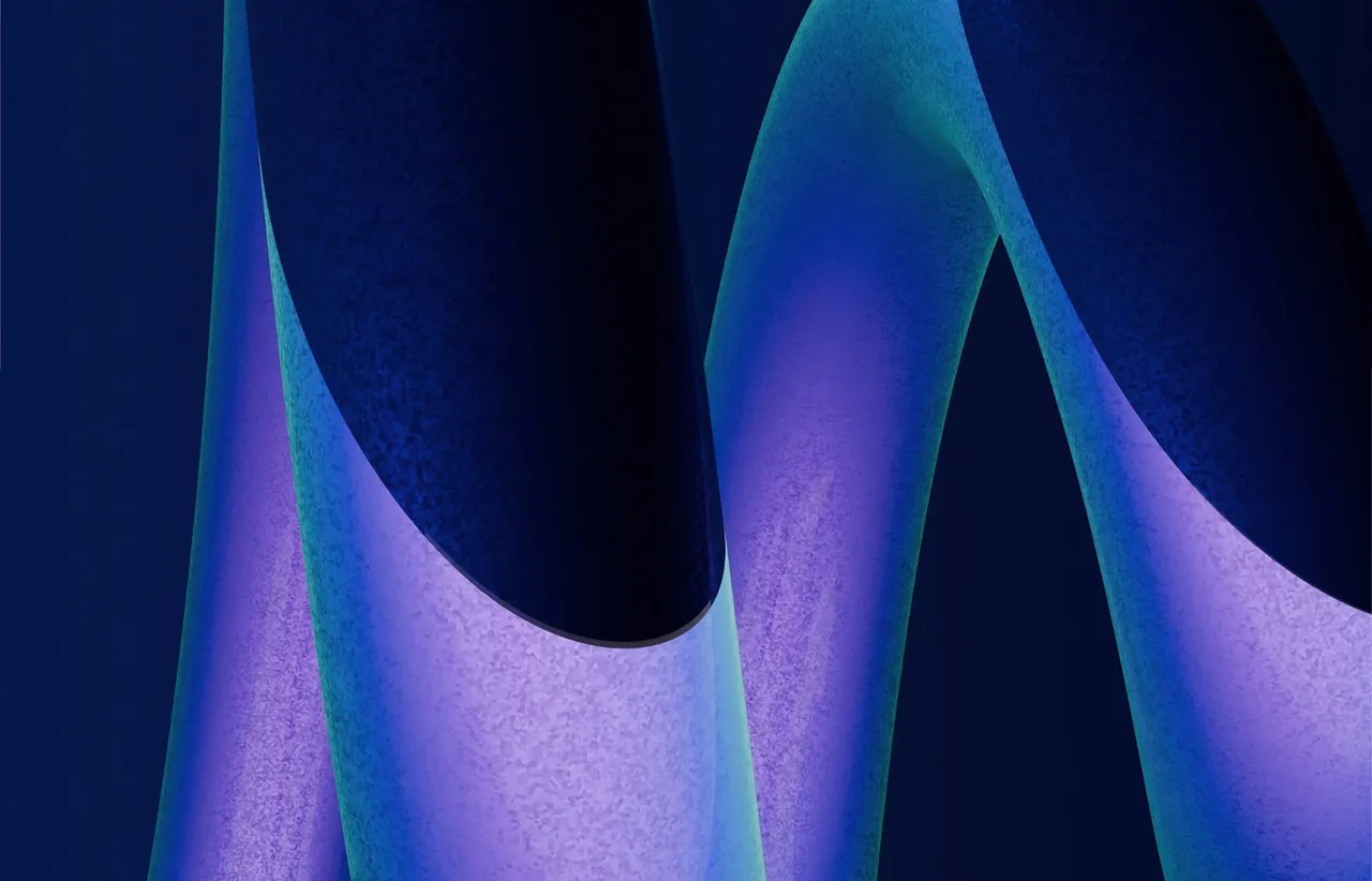 Curved violet and blue ribbons overlapping on a deep navy background