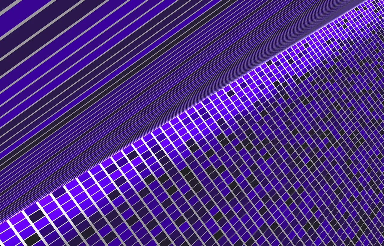 Curved violet grid mesh fanning out into fine parallel lines