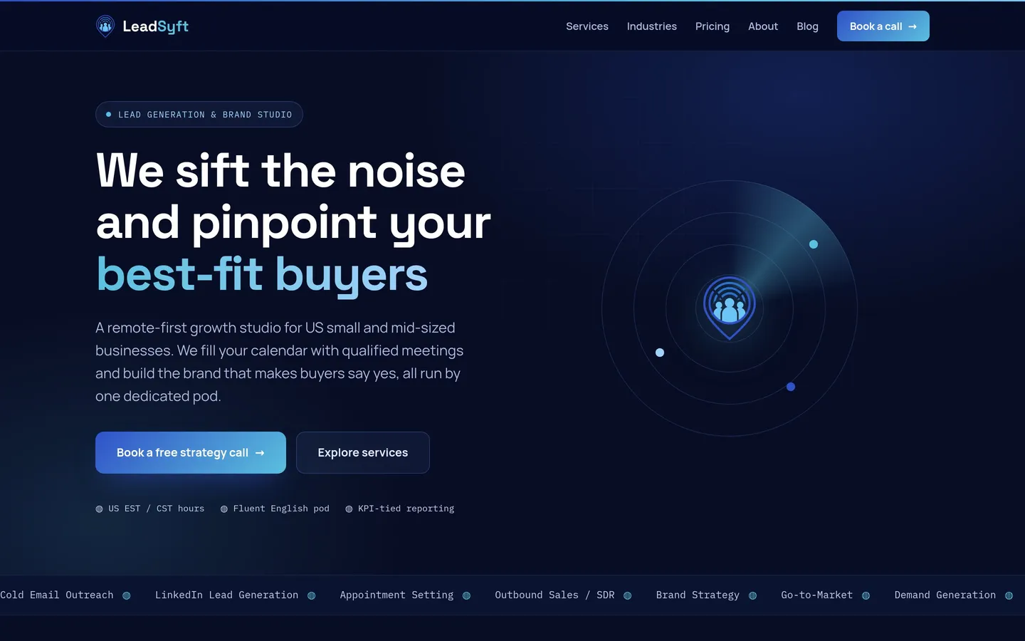 LeadSyft homepage hero introducing the lead generation and brand studio
