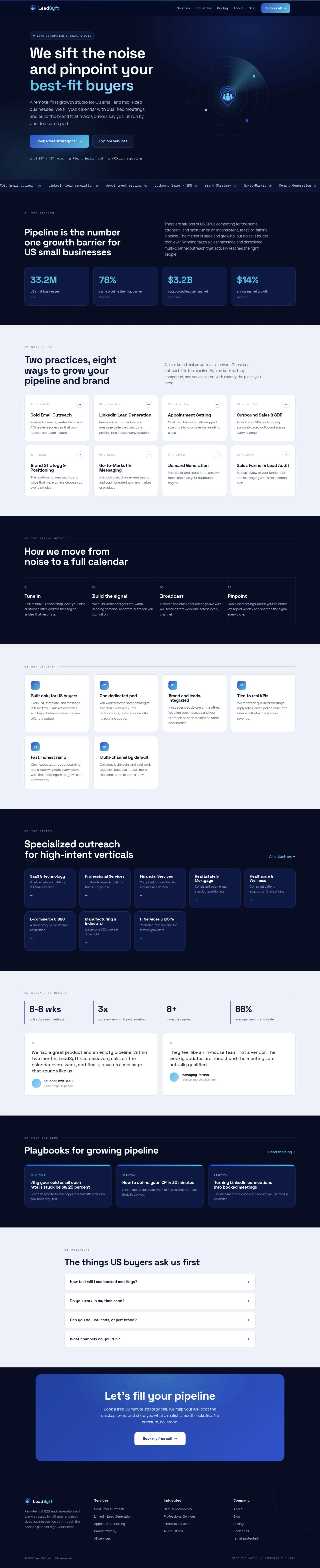 Full page screenshot of the LeadSyft site, Marketing Platform for a B2B Lead Generation Studio