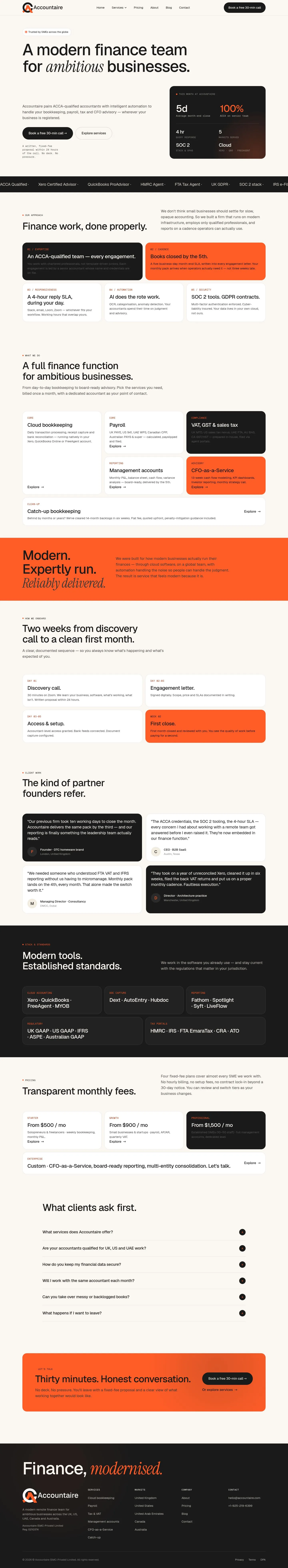 Full page screenshot of the Accountaire site, Marketing Site for a Modern Remote Accounting Practice
